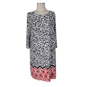 Chicos Shift Dress Size 2 L 12 Leopard Print Contrast Hem 3/4 Sleeve Pullover